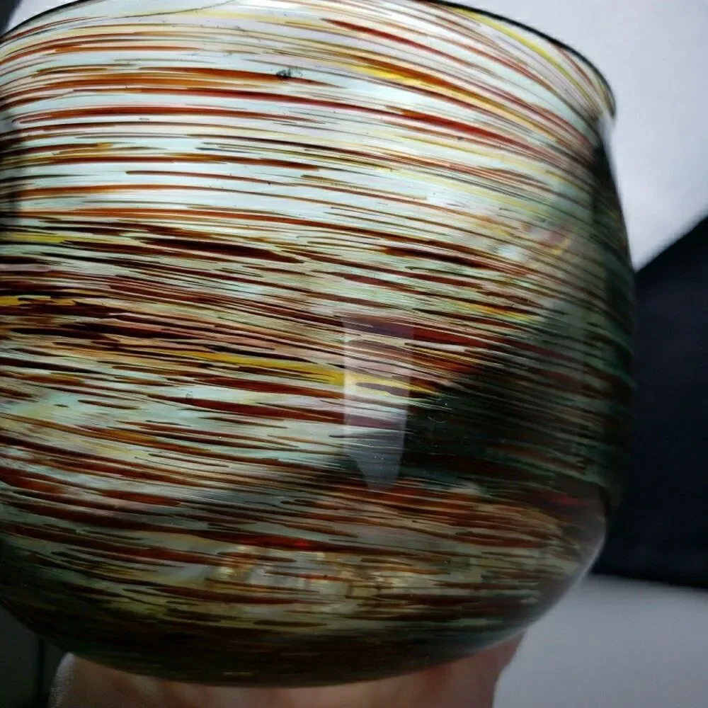 David Kolasky Signed Studio Blown Art Glass Vase Brown & Multi Swirls Bowl